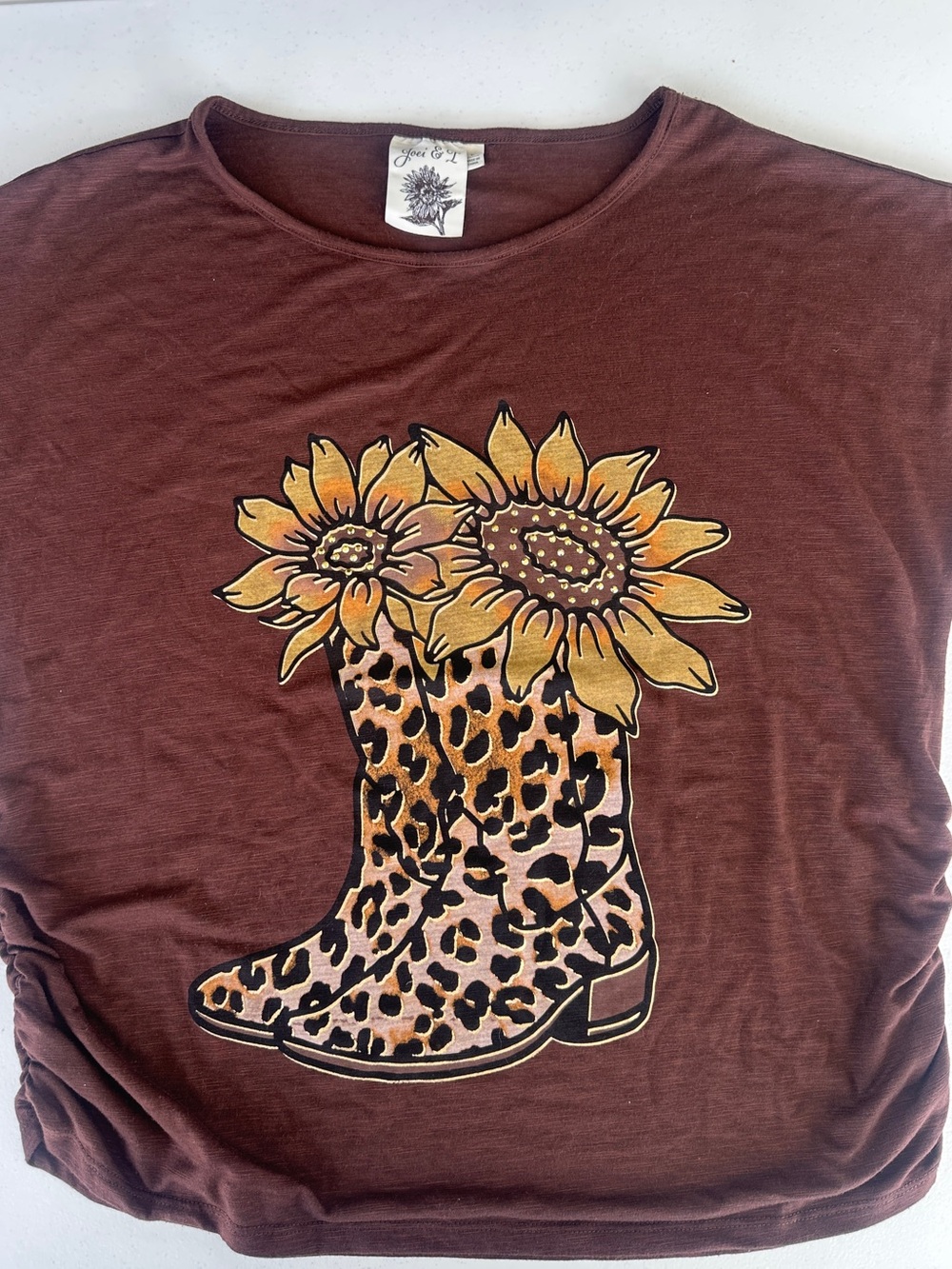 Brown Sunflower & Leopard Boot Graphic Blouse - Unbranded